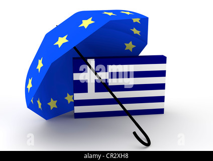 Flag of Greece under a Euro rescue umbrella, symbolic image, 3D illustration Stock Photo
