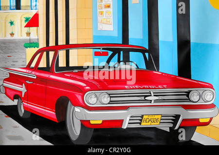 Paining of a vintage or classic car, souvenirs, Caya Coco, north coast, Cuba, Greater Antilles, Caribbean, Central America Stock Photo