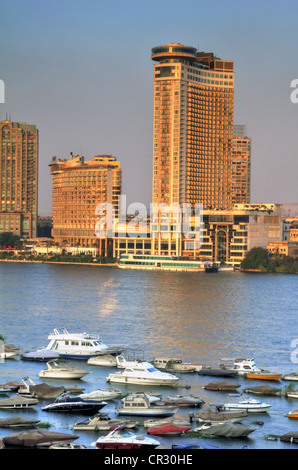 A central Cairo panorama looking east  and north across the Nile River at sunset. Stock Photo