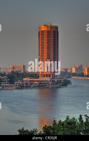 A central Cairo panorama looking east  and north across the Nile River at sunset. Stock Photo