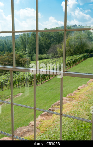 View from window of summer home overlooking gardens of Thomas Jefferson's Monticello in Charlottesville VA Stock Photo