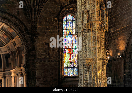 Colorful stained glass windows, Santa Maria Church, Mosteiro dos Jeronimos, Hieronymites Monastery, Unesco World Heritage Site Stock Photo