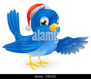 Illustration of pointing bluebird wearing Christmas Santa Hat Stock Photo