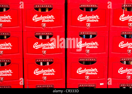 Beer crates of Budweiser beer at the Budweiser brewery in Ceske Budejovice, Budweis, Budvar, Bohemia, Czech Republic, Europe Stock Photo