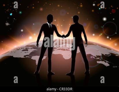 Global business or networking concept, business men shaking hands in agreement on world map Stock Photo