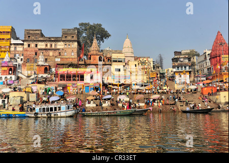Boats and ghats on the Ganges River, Varanasi, Benares, Uttar Pradesh, India, South Asia Stock Photo