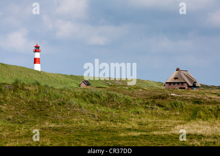 Red and white striped lighthouse of List Ost with a frisian house on the Sylt peninsula of Ellenbogen, List, Sylt, North Frisia