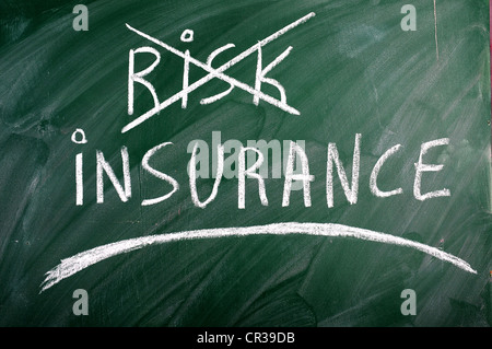 insurance risk crossed out green blackboard Stock Photo