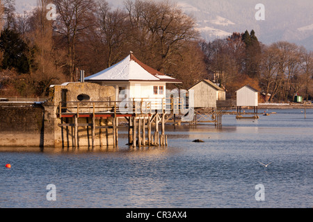 Beach huts on Lake Constance near Wasserburg in winter, in the evening light, district of Lindau, Bavaria, Germany, Europe Stock Photo