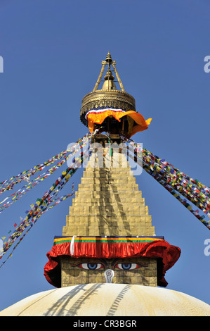 Bodnath Stupa, Boudhanath or Boudha, UNESCO World Heritage Site, painted eyes, colorful prayer flags, Tibetan Buddhism Stock Photo