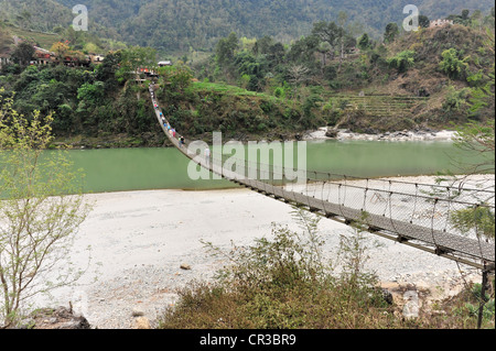 Steel suspension bridge, Dudh Kosi valley, Solukhumbu, Khumbu, Nepal, Asia Stock Photo