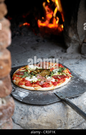 A freshly baked pizza coming out of a traditional wood fired stone oven on a pizza paddle. Stock Photo