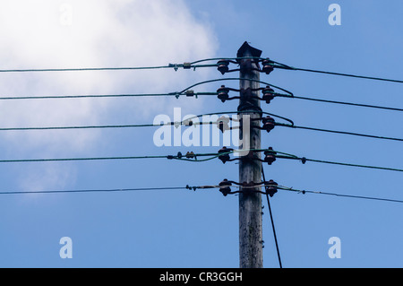 Overhead electricity power lines on a wooden pole Stock Photo