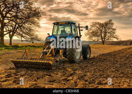Tractor in early spring evening light in the Chilterns Stock Photo