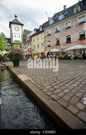 Old town with Baechle brook and Schwabentor city gate, Freiburg im Breisgau, Baden-Wuerttemberg, Germany, Europe Stock Photo