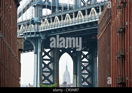 Manhattan Bridge and the Empire State Building, Brooklyn Heights, New York, USA Stock Photo