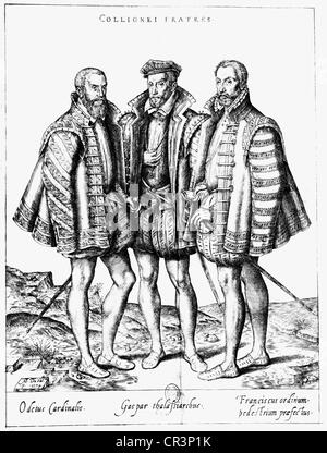 Coligny, Gaspard II de, Lord of Chatillon, 16.2.1519 - 24.8.1572, French politician, Admiral of France 1552 - 1572, with his brothers Odet, Cardinal of Chatillion, and Francois d'Andelot, drawing by Marc Duval, 1579, , Stock Photo