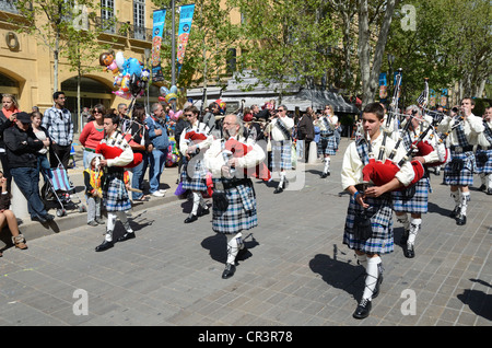 Breton Pipers or Bagpipers from Brittany in Procession at the Spring Carnival on the Cours Mirabeau Aix-en-Provence Provence France Stock Photo