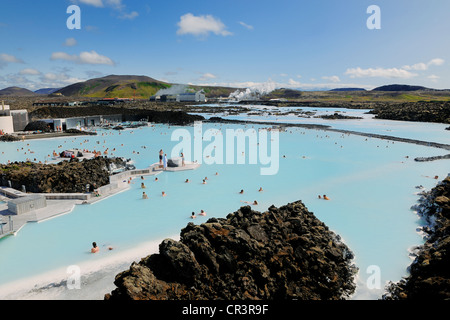 Iceland, Sudurnes Region, Grindavik, the Blue Lagoon with the geothermical factory in the background Stock Photo