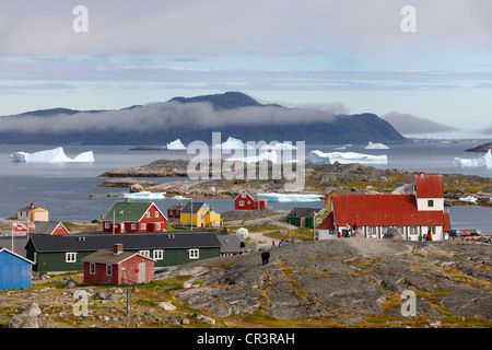 Greenland, city of Nanortalik and icebergs in the bay Stock Photo