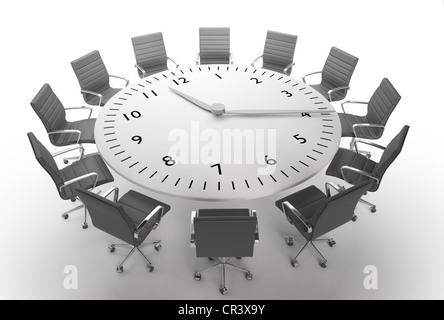 Meeting time - round table with a large clock face Stock Photo