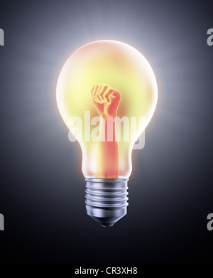Power concept - glowing bulb with a fist inside Stock Photo
