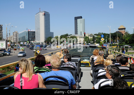 Tourist bus, city tour, Piata Victoriei Square, Bucharest, Romania, Eastern Europe Stock Photo