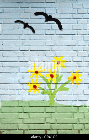Flying birds, children's painting on a wall, mural painting, playschool, Muelheim an der Ruhr, Ruhr area, North Rhine-Westphalia Stock Photo