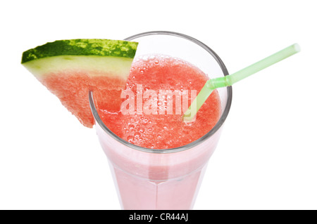 Watermelon smoothie garnished with watermelon slices close-up over white Stock Photo
