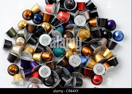 Spent or used empty Nespresso capsules, coffee capsules, aluminium capsules, raw material recycling Stock Photo