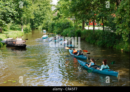 Kayaks, canal, Spree river, in Burg, Spreewald, Brandenburg, Germany, Europe Stock Photo
