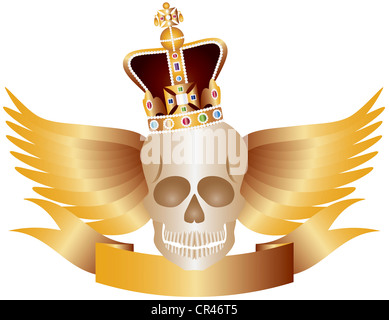 Skull with English Royal Crown Jewels Wings and Banner Illustration Stock Photo