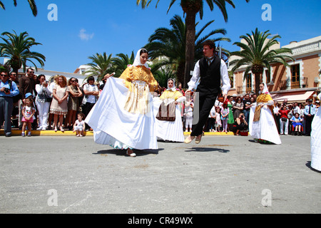 Members of a folklore group in traditional costume performing typical dances, Ibiza, Spain, Europe Stock Photo