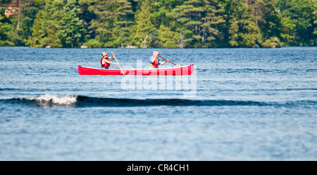 Two adults paddling a red canoe Stock Photo