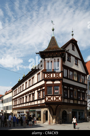 Half-timbered house in the city centre of Esslinger, on the corner of Pliensaustrasse and Oberer Metzgerbachstrasse Stock Photo