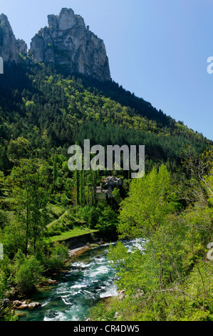 Village of La Sabliere Gorges du Tarn the Causses and the Cevennes Mediterranean agro pastoral cultural landscape listed as Stock Photo