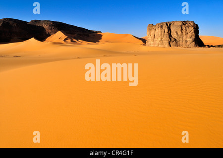 Rock formation in the dunes of Moul N'Aga, Tadrart, Tassili n'Ajjer National Park, Algeria, Sahara, North Africa Stock Photo