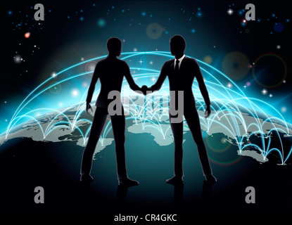 Silhouettes of businessmen shaking hands in front of world map with network or international trade lines Stock Photo