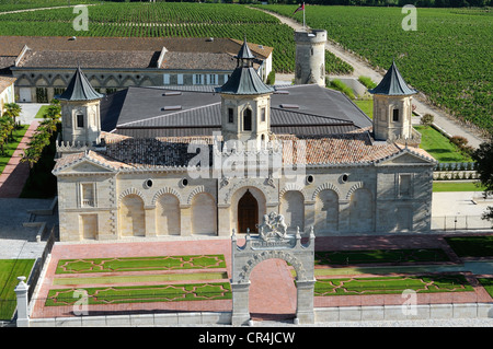 France, Gironde, St Emilion, the vineyard and Chateau Cos d'Estournel in Medoc region, Second Grand Cru 1855 (aerial view) Stock Photo