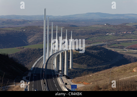 Millau viaduct by architects Michel Virlogeux and Norman Foster, between Causse du Larzac and Causse de Sauveterre above Tarn Stock Photo