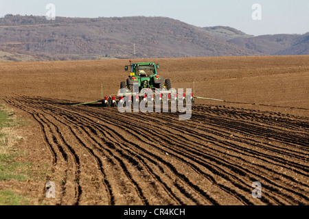 Tractor in a field, sugar beet growing, village of Montpeyroux, Limagne Plain, Département Puy-de-Dôme, France, Europe Stock Photo