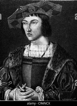 Charles VIII, 30.6.1470 - 7.4.1498, King of France 30.8.1483 - 7.4.1498, half length, wood engraving, 19th century, Stock Photo