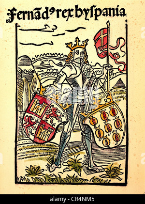 Ferdinand II, 10.3.1452 - 23.1.1516, King of Aragon, full length, incunable by Michael Furter, after woodcut by Haintz Narr, Basel, circa 1500, private collection,