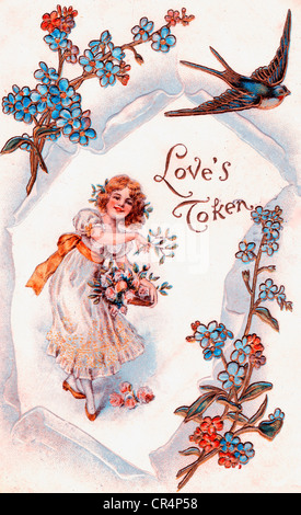 Love's token - vintage card featuring little girl with flowers Stock Photo