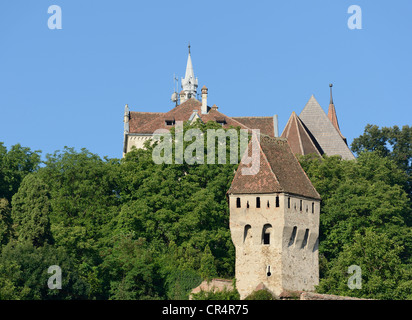 View of the Tin Coaters Tower and the Church on the Hill, UNESCO World Heritage Site, Sighisoara, Transylvania, Romania, Europe Stock Photo