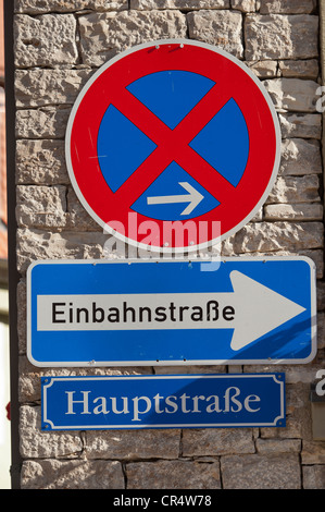 No stopping sign, one way sign, Hauptstrasse road sign, Volkach, Lower Franconia, Franconia, Germany, Europe Stock Photo