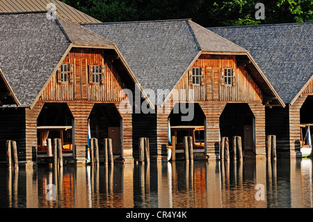 Boathouses in Schoenau on Koenigssee lake, Berchtesgadener Land, Bavaria, Germany, Europe, PublicGround Stock Photo