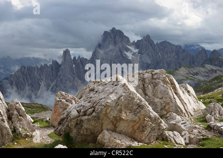 View from the foothills of Tre Cime di Lavaredo, Three Peaks range, to Mt Cima Cadini, South Tyrol, Italy, Europe Stock Photo