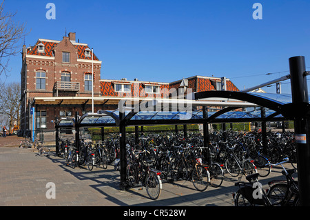 Bicycles parked at the railway station in Enkhuizen, North Holland, Holland, Netherlands, Europe Stock Photo