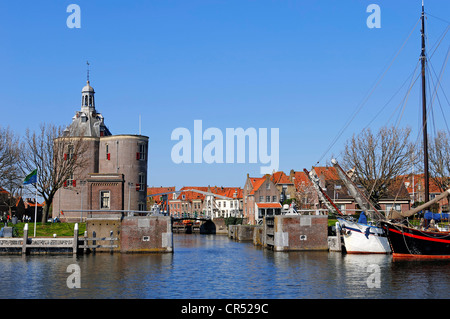 Defence tower, Dromedaris and ships in the harbour, Enkhuizen, North Holland, Holland, Netherlands, Europe Stock Photo